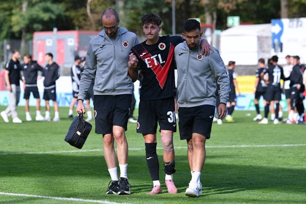 Soccer Friendly Match: FC Viktoria Köln vs. 1. FC Köln on October 3, 2026, at Sportpark Höhenberg in Cologne. Alexander Prokopenko of Cologne is carried off the field after suffering an injury. xRx