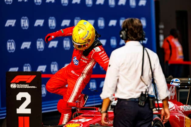 RECORD DATE NOT STATED 3rd October 2026; Sepang IC, Kuala Lumpur, Malaysia; Formula 1, Bahrain Grand Prix, Qualifying Day; Scuderia Ferrari HP driver Lewis Hamilton of Great Britain celebrates coming second in Qualifying at the Bahrain Grand Prix StephenxBlackberry
