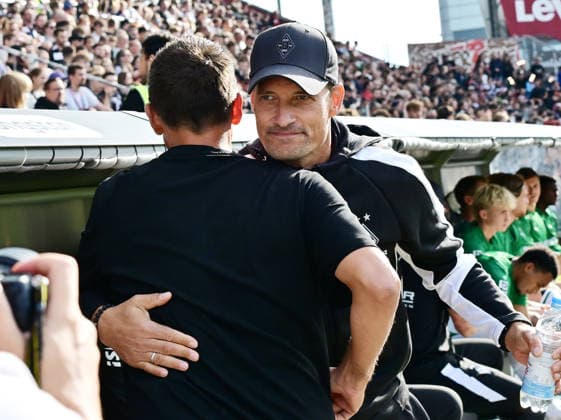 October 3, 2026, GER Soccer, Men, Bundesliga, Friendly Match, 2026–2027 Season, Hamburg, FC St. Pauli vs. Borussia Mönchengladbach; Coach Alexander Blessin (BMG Gladbach) welcomes Coach Marcel Rapp (Pauli); DFB and DFL regulations prohibit any use of photographs as image sequences and or quasi-video; Hamburg Millerntorstadion, Hamburg, Germany Copyright: xnordphotoxGmbH xWitkex