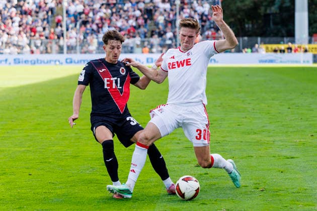 KOELN, GERMANY - OCTOBER 3, 2026: Alexander Prokopenko (FC Viktoria Köln, 30) and Marius Bülter (1. FC Köln, 30) during the friendly match between FC Viktoria Köln vs. 1. FC Köln at the Sportpark Hoehenberg on October 3, 2026 in Koeln, Germany. DFL REGULATIONS PROHIBIT ANY USE OF PHOTOGRAPHS AS IMAGE SEQUENCES AND OR QUASI-VIDEO. Nordrhein-Westfalen Germany Copyright: xLeahxKohringx