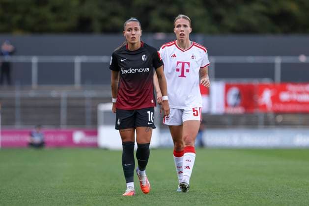 Selina Vobian of SC Freiburg and Celina Degen of 1. FC Köln watch during the Women s Bundesliga match between 1. FC Köln and SC Freiburg, Franz Kremer Stadium on October 3, 2026, in Cologne, Germany. Photo by Oliver Kaelke, DeFodi Images. Selina Vobian of SC Freiburg and Celina Degen of 1. FC Köln look on during the Bundesliga match between 1. FC Köln and SC Freiburg at Franz Kremer Stadium on October 3, 2026 in Cologne, Germany. Photo by Oliver Kaelke, DeFodi Images. DFB and DFL regulations prohibit any use of photographs as image sequences and or quasi-video. Photo by Oliver Kaelke, DeFodi Images.