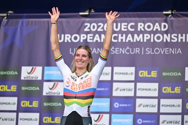 Netherlands Demi Vollering celebrates on the podium as she won the elite women Road Race race (130 km) at the cycling UEC Road European Championships, in Ljubljana, Slovenia Saturday 3 October 2026. The UEC Road European Championships are taking place from 02 to 07 October in Ljubljana, Slovenia. DAVIDxPINTENS  x0868474585stx