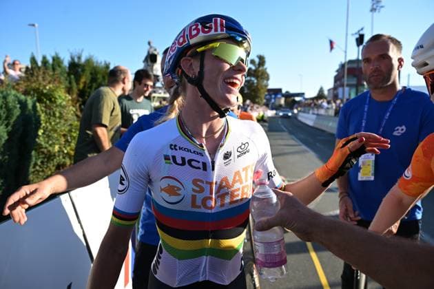 Netherlands Demi Vollering celebrates as she wins the elite women Road Race race (130 km) at the cycling UEC Road European Championships, in Ljubljana, Slovenia Saturday 3 October 2026. The UEC Road European Championships are taking place from 02 to 07 October in Ljubljana, Slovenia. DAVIDxPINTENS  x0868474586stx