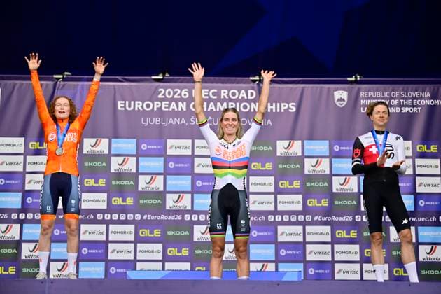 UEC 2026 Road European Championships Ljubljana 03 10 2026 LJUBLJANA, SLOVENIA - OCTOBER 03 : Vollering Demi (NED) of FDJ United - SUEZ, Pieterse Puck (NED) of Fenix-Premier Tech and Reusser Marlen (SUI) of Movistar Team during the podium ceremony of the Women Elite cycling road race of the 2026 UEC Road European Championships Ljubljana. An UCI Continental Championships cycling race of 130 km with start in Ljubljana and finish in Sencur on October 3, 2026 in Ljubljana, Slovenia, 03 10 2026 Ljubljana Slovenia  Copyright: xJanxDexMeuleneirx