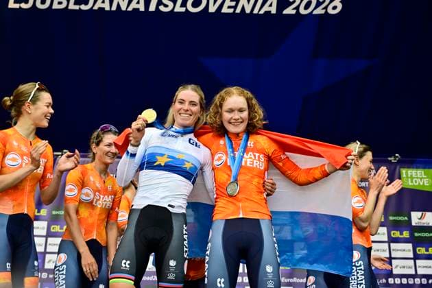 UEC 2026 Road European Championships Ljubljana 03 10 2026 LJUBLJANA, SLOVENIA - OCTOBER 03 : Vollering Demi (NED) of FDJ United - SUEZ, Pieterse Puck (NED) of Fenix-Premier Tech during the podium ceremony of the Women Elite cycling road race of the 2026 UEC Road European Championships Ljubljana. An UCI Continental Championships cycling race of 130 km with start in Ljubljana and finish in Sencur on October 3, 2026 in Ljubljana, Slovenia, 03 10 2026 Ljubljana Slovenia  Copyright: xJanxDexMeuleneirx