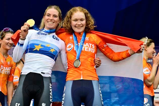 UEC 2026 Road European Championships Ljubljana 03 10 2026 LJUBLJANA, SLOVENIA - OCTOBER 03 : Vollering Demi (NED) of FDJ United - SUEZ, Pieterse Puck (NED) of Fenix-Premier Tech during the podium ceremony of the Women Elite cycling road race of the 2026 UEC Road European Championships Ljubljana. An UCI Continental Championships cycling race of 130 km with start in Ljubljana and finish in Sencur on October 3, 2026 in Ljubljana, Slovenia, 03 10 2026 Ljubljana Slovenia  Copyright: xJanxDexMeuleneirx
