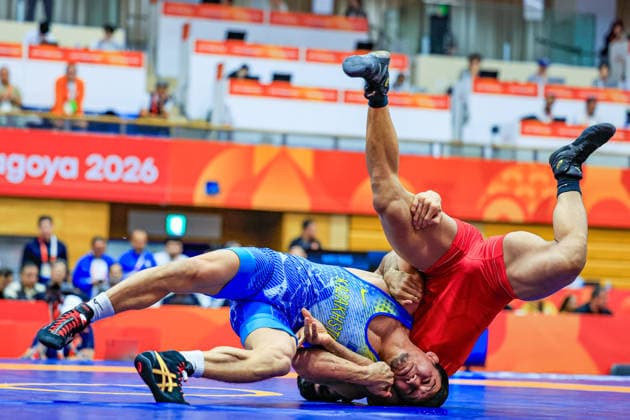 Asian Games, 74 kg Freestyle: Nurkozha Kaipanov (KAZ) def. Sagar Jaglan (IND) Copyright: xAmirrezaxAliasgarix