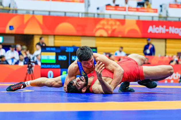 Asian Games, 74 kg Freestyle: Nurkozha Kaipanov (KAZ) def. Sagar Jaglan (IND) Copyright: xAmirrezaxAliasgarix