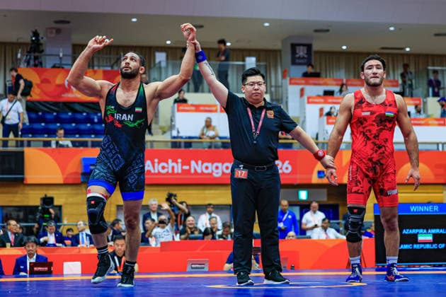 Asian Games, 97 kg Freestyle: Amirali Hamid Azarpira (IRI) defeated Sherzod Poyonov (UZB) Copyright: xAmirrezaxAliasgarix