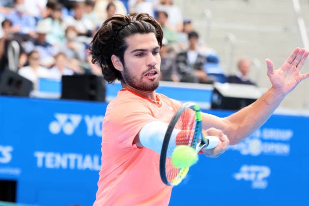 October 3, 2026, Tokyo, Japan - Carlos Alcaraz of Spain returns the ball against Matteo Arnaldi of Italy during the second round match of the Japan Open tennis championships at the Ariake Colosseum in Tokyo on Saturday, October 3, 2026. (photo by Yoshio Tsunoda AFLO) Noxthirdxpartyxsales 0868466232st YoshioxTsunodax