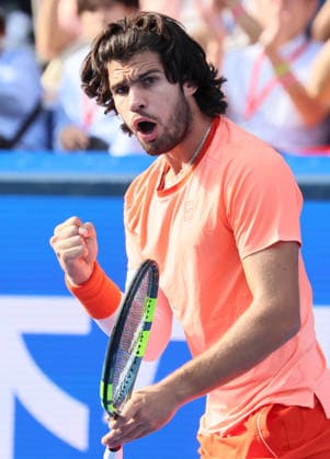 October 3, 2026, Tokyo, Japan - Carlos Alcaraz of Spain clinches his fist as he won a key point against Matteo Arnaldi of Italy during the second round match of the Japan Open tennis championships at the Ariake Colosseum in Tokyo on Saturday, October 3, 2026. (photo by Yoshio Tsunoda AFLO) Noxthirdxpartyxsales 0868466240st YoshioxTsunodax