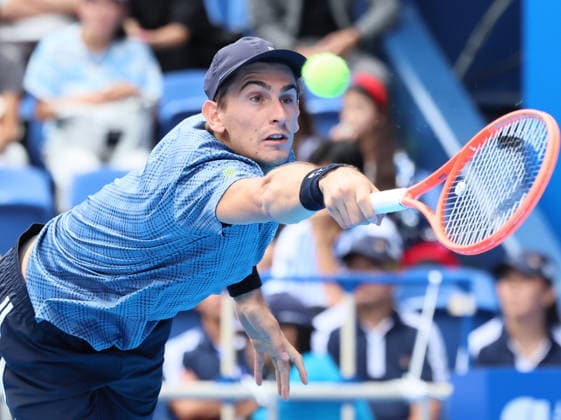 October 3, 2026, Tokyo, Japan - Matteo Arnaldi of Italy returns the ball against Carlos Alcaraz of Spain during the second round match of the Japan Open tennis championships at the Ariake Colosseum in Tokyo on Saturday, October 3, 2026. (photo by Yoshio Tsunoda AFLO) Noxthirdxpartyxsales  0868466244st YoshioxTsunodax