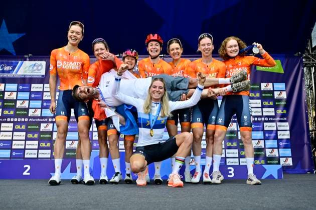 UEC 2026 Road European Championships Ljubljana 03 10 2026 LJUBLJANA, SLOVENIA - OCTOBER 03 : Vollering Demi (NED) of FDJ United - SUEZ and Pieterse Puck (NED) of Fenix-Premier Tech during the podium ceremony of the Women Elite cycling road race of the 2026 UEC Road European Championships Ljubljana. An UCI Continental Championships cycling race of 130 km with start in Ljubljana and finish in Sencur on October 3, 2026 in Ljubljana, Slovenia, 03 10 2026 Ljubljana Slovenia  Copyright: xJanxDexMeuleneirx