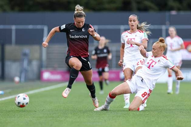 Carina Brunold of SC Freiburg and Laura Vogt of 1. FC Köln battle for the ball during the Women s Bundesliga match between 1. FC Köln and SC Freiburg, Franz Kremer Stadium on October 3, 2026, in Cologne, Germany. Photo by Oliver Kaelke, DeFodi Images. Carina Brunold of SC Freiburg and Laura Vogt of 1. FC Köln battle for the ball during the Bundesliga match between 1. FC Köln and SC Freiburg at Franz Kremer Stadium on October 3, 2026 in Cologne, Germany. Photo by Oliver Kaelke, DeFodi Images. DFB and DFL regulations prohibit any use of photographs as image sequences and or quasi-video. Photo by Oliver Kaelke, DeFodi Images.