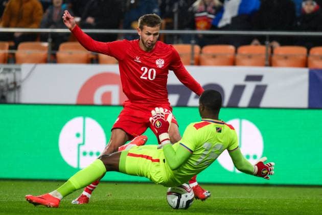 Russia Soccer Friendly Russia - Namibia 9256856 03.10.2026 Namibia s goalkeeper Kamaijanda Ndisiro and Russia s Lechi Sadulayev in action during the friendly soccer match between Russia and Namibia at Yekaterinburg Arena in Yekaterinburg, Russia. Grigory Sysoev Sputnik Yekaterinburg Sverdlovsk Oblast Region Russia  Copyright: xGrigoryxSysoevx