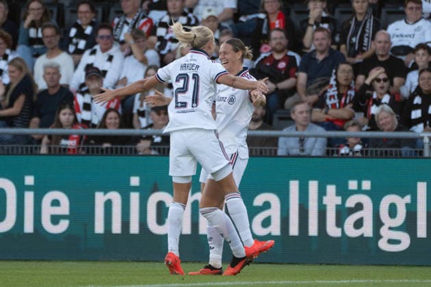 October 3, 2026, xhfmx, Soccer, Google Pixel, Women s Bundesliga, Eintracht Frankfurt vs. FC Bayern Munich: Pernille Harder (FC Bayern Munich) and Klara Bühl (FC Bayern Munich) celebrate the 0-1 goal against Frankfurt; Goal, Celebration, Frankfurt am Main
