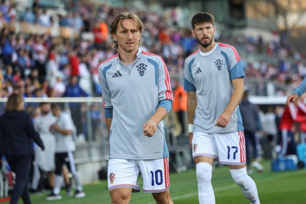 Rijeka, Croatia, 3rd October 2026. Luka Modric and Petar Sucic of Croatia before the UEFA Nations League match at Rujevica, Rijeka. Luka Modric and Petar Sucic beofre the match - Croatia v England, UEFA Nations League
