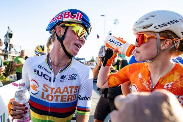 Netherlands Demi Vollering and Netherlands Puck Pieterse celebrates after the elite women Road Race race (130 km) at the cycling UEC Road European Championships, in Ljubljana, Slovenia Saturday 3 October 2026. The UEC Road European Championships are taking place from 02 to 07 October in Ljubljana, Slovenia. DAVIDxPINTENS x188626856x