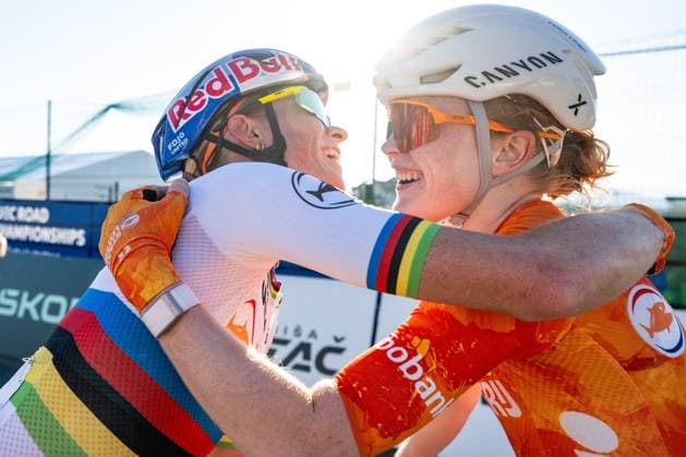 Netherlands Demi Vollering and Netherlands Puck Pieterse celebrates after the elite women Road Race race (130 km) at the cycling UEC Road European Championships, in Ljubljana, Slovenia Saturday 3 October 2026. The UEC Road European Championships are taking place from 02 to 07 October in Ljubljana, Slovenia. DAVIDxPINTENS x188626848x