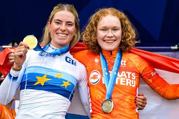 Netherlands Demi Vollering and Netherlands Puck Pieterse celebrates after the elite women Road Race race (130 km) at the cycling UEC Road European Championships, in Ljubljana, Slovenia Saturday 3 October 2026. The UEC Road European Championships are taking place from 02 to 07 October in Ljubljana, Slovenia. DAVIDxPINTENS x188627319x