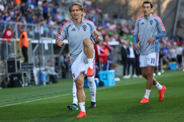 Rijeka, Croatia, 3rd October 2026. Luka Modric and Petar Musa of Croatia warming up before the UEFA Nations League match at Rujevica, Rijeka. Luka Modric and Petar Musa warming up before the match - Croatia v England, UEFA Nations League
