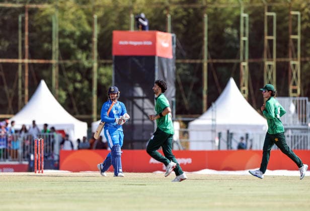 IND vs PAK, Asian Games 2026 men s cricket final Aichi Japan , Oct 03 (ANI): Vaibhav Sooryavanshi after playing a shot against Pakistan in the Asian Games men s cricket final, as he opens the batting for India along with Abhishek Sharma at the Korogi Sports Park in Nisshin, Aichi, on Saturday. Aichi Japan Copyright: xANIx ANI_20261003218