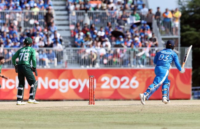 IND vs PAK, Asian Games 2026 men s cricket final Aichi Japan , Oct 03 (ANI): Vaibhav Sooryavanshi after playing a shot against Pakistan in the Asian Games men s cricket final, as he opens the batting for India along with Abhishek Sharma at the Korogi Sports Park in Nisshin, Aichi, on Saturday. Aichi Japan Copyright: xANIx ANI_20261003219