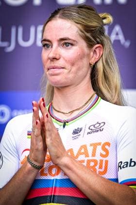 Netherlands Demi Vollering celebrates after winning the elite women Road Race race (130 km) at the cycling UEC Road European Championships, in Ljubljana, Slovenia Saturday 3 October 2026. The UEC Road European Championships are taking place from 02 to 07 October in Ljubljana, Slovenia. DAVIDxPINTENS  x188627291x