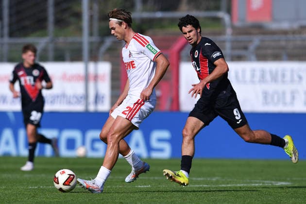 Soccer Friendly Match: FC Viktoria Köln vs. 1. FC Köln on October 3, 2026, at Sportpark Höhenberg in Cologne. Joel Schmied (Cologne), left; Jakob Sachse (Cologne), right xRx