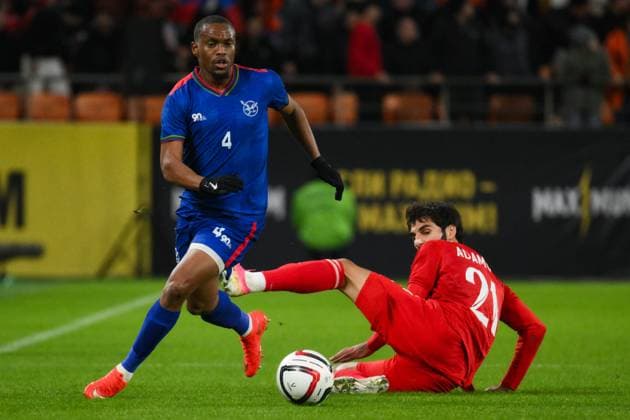 Russia Soccer Friendly Russia - Namibia 9256886 03.10.2026 Namibia s Riaan Hanamub and Russia s Arsen Adamov struggle for a ball during the friendly soccer match between Russia and Namibia at Yekaterinburg Arena in Yekaterinburg, Russia. Grigory Sysoev Sputnik Yekaterinburg Sverdlovsk Oblast Region Russia Copyright: xGrigoryxSysoevx