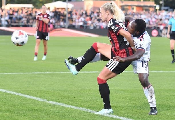 October 3, 2026, xhbx, Soccer Google Pixel Women s Bundesliga, Eintracht Frankfurt vs. FC Bayern Munich, Rebecka Blomqvist (Eintracht Frankfurt Women s Team), Bernadette Amani (FC Bayern Munich Women s Team), Frankfurt am Main