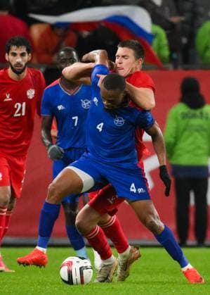 Russia Soccer Friendly Russia - Namibia 9256900 03.10.2026 Namibia s Riaan Hanamub and Russia s Aleksandr Sobolev struggle for a ball during the friendly soccer match between Russia and Namibia at Yekaterinburg Arena in Yekaterinburg, Russia. Grigory Sysoev Sputnik Yekaterinburg Sverdlovsk Oblast Region Russia Copyright: xGrigoryxSysoevx