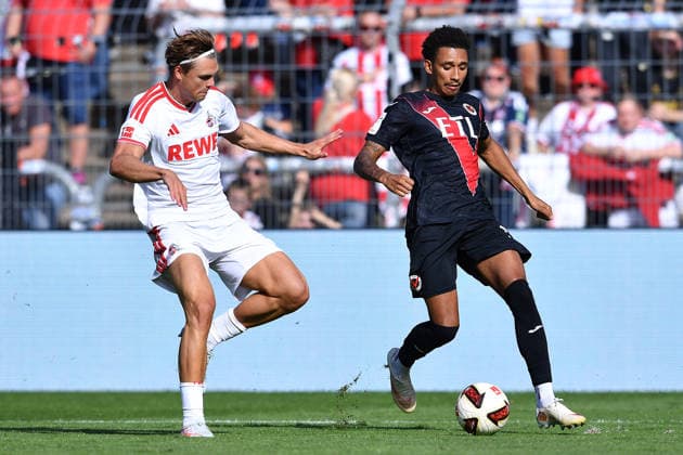 Soccer Friendly Match: FC Viktoria Köln vs. 1. FC Köln on October 3, 2026, at Sportpark Höhenberg in Cologne. Joel Schmied (Cologne), left; Eric Gueye (Cologne), right xRx