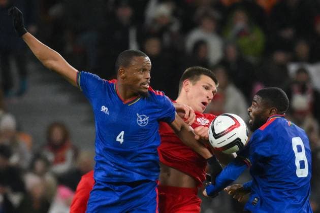 Russia Soccer Friendly Russia - Namibia 9256908 03.10.2026 Namibia s Riaan Hanamub, Russia s Aleksandr Sobolev and Namibia s Moses Shidolo struggle for a ball during the friendly soccer match between Russia and Namibia at Yekaterinburg Arena in Yekaterinburg, Russia. Grigory Sysoev Sputnik Yekaterinburg Sverdlovsk Oblast Region Russia Copyright: xGrigoryxSysoevx
