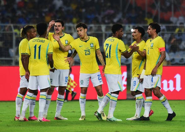 International Friendly, Länderspiel, Nationalmannschaft football match between India and Brazil Kolkata, Oct 03 (ANI): Brazil players celebrate after scoring a goal during the international friendly football match between India and Brazil at Salt Lake Stadium, in Kolkata on Saturday. Kolkata West Bengal India Copyright: xANIx ANI_20261003376
