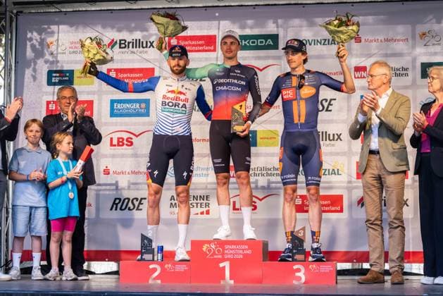 Cycling UCI ProSeries Men s Elite 20 Sparkassen Münsterland Giro on October 3, 2026 The Münsterland Giro podium, from left to right: Jordi Meeus (Red Bull Bora Hansgrohe), Olav Kooij (Decathlon CMA CGM Team), Frits Biesterbos (Team Picnic PostNL) xJRx