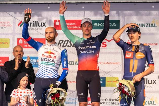 Cycling UCI ProSeries Men s Elite 20 Sparkassen Münsterland Giro on October 3, 2026 The Münsterland Giro podium, from left to right: Jordi Meeus (Red Bull Bora Hansgrohe), Olav Kooij (Decathlon CMA CGM Team), Frits Biesterbos (Team Picnic PostNL) xJRx