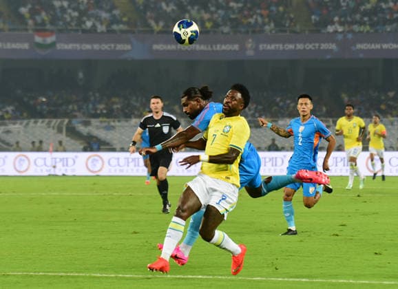 International Friendly, Länderspiel, Nationalmannschaft football match between India and Brazil Kolkata, Oct 03 (ANI): Brazil football player Vinicius Junior in action during the international friendly football match between India and Brazil at Salt Lake Stadium, in Kolkata on Saturday. Kolkata West Bengal India Copyright: xANIx ANI_20261003377