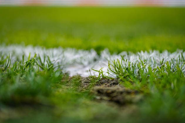 Soccer: UEFA Nations League 2026–2027, Matchday 3: Switzerland vs. Slovenia at Swissporarena Lucerne. Close-up of a soccer field with white field markings, viewed from a low angle. Individual blades of grass, marking paint, and a damaged area of the turf with exposed soil. Soccer, soccer field, playing field, turf, natural turf, grass, field markings, line, white line, turf, turf damage, ground, close-up, detailed shot, low-angle shot, sports facility, field maintenance Copyright: xJOERANxSTEINSIEKx
