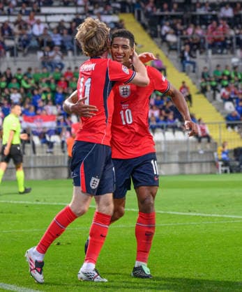 03 October 2026 - Croatia v England - UEFA Nations League - Stadion HNK - Rijeka - Croatia. Croatia v England - UEFA Nations League - Stadion HNK - Rijeka - Croatia. England s Anthony Gordon celebrates his goal with Jude Bellingham. Picture : Mark Pain RIJEKA CROATIA Copyright: xMarkxPainx