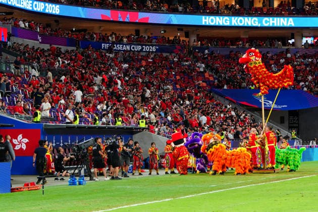 HONG KONG-SPORTS ASEAN-CUP Performers take part in a lion dance during the half-time break of the FIFA ASEAN Challenge Cup final between Hong Kong, China and Cambodia at Kai Tak Stadium in Hong Kong on October 3, 2026. (Photo by Zulu Lo TMHK via Nexpher Images) Hong Kong