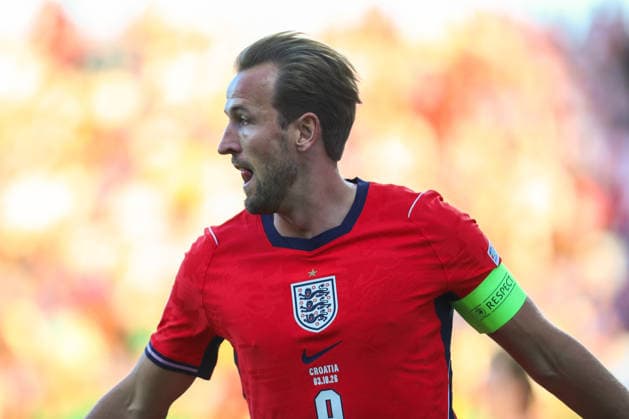 Rijeka, Croatia, 3rd October 2026. UEFA Nations League. Matchday 3, Group A3. Croatia v England at Rujevica, Rijeka. Harry KANE (9) celebrating goal. Croatia v England, UEFA Nations League.