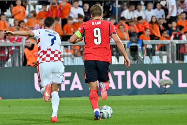RIJEKA, CROATIA - OCTOBER 03: Harry Kane of England (R) in action against Franjo Ivanovic of Croatia (L) during the UEFA Nations League, League A Group A3, match between Croatia and England at Stadion Rujevica, Rijeka on October 03, 2026 in Rijeka, Croatia. (Photo by Igor Kupljenik Sports Press Photo). Copyright: xIgorxKupljenikx xSPPx Sportspressphoto_SPR244585