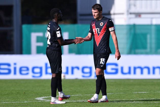 Soccer Friendly Match: FC Viktoria Köln vs. 1. FC Köln on October 3, 2026, at Sportpark Höhenberg in Cologne. Verthomy Boboy (Cologne), left; Christoph Greger (Cologne), right xRx