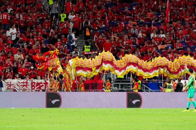 HONG KONG-SPORTS ASEAN-CUP Performers take part in a lion dance during the half-time break of the FIFA ASEAN Challenge Cup final between Hong Kong, China and Cambodia at Kai Tak Stadium in Hong Kong on October 3, 2026. (Photo by Zulu Lo TMHK via Nexpher Images) Hong Kong