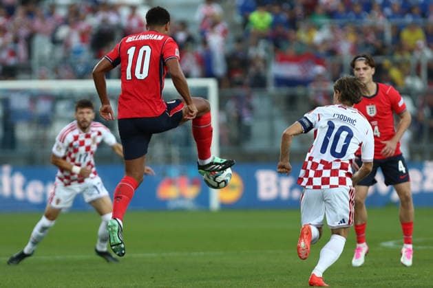 Rijeka, Croatia, 3rd October 2026. UEFA Nations League. Matchday 3, Group A3. Croatia v England at Rujevica, Rijeka. Jude BELLINGHAM (10) and Luka MODRIC (10) Croatia v England, UEFA Nations League. 