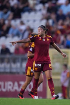 Roma™s Maya Doms celebrates after scoring during the Serie A Women soccer match between Roma and Lazio at the Rome s Tre Fontane stadium, Italy - Saturday October 3, 2026 - Soccer ( Photo by Alfredo Falcone LaPresse ) Copyright: xAlfredoxFalcone LaPressex