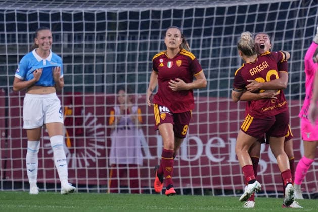 Roma™s Maya Doms celebrates after scoring during the Serie A Women soccer match between Roma and Lazio at the Rome s Tre Fontane stadium, Italy - Saturday October 3, 2026 - Soccer ( Photo by Alfredo Falcone LaPresse ) Copyright: xAlfredoxFalcone LaPressex