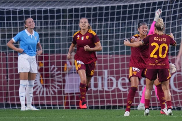 Roma™s Maya Doms celebrates after scoring during the Serie A Women soccer match between Roma and Lazio at the Rome s Tre Fontane stadium, Italy - Saturday October 3, 2026 - Soccer ( Photo by Alfredo Falcone LaPresse )  Copyright: xAlfredoxFalcone LaPressex