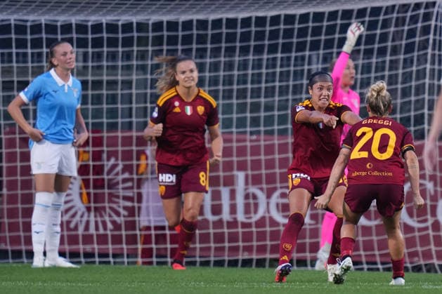 Roma™s Maya Doms celebrates after scoring during the Serie A Women soccer match between Roma and Lazio at the Rome s Tre Fontane stadium, Italy - Saturday October 3, 2026 - Soccer ( Photo by Alfredo Falcone LaPresse ) Copyright: xAlfredoxFalcone LaPressex